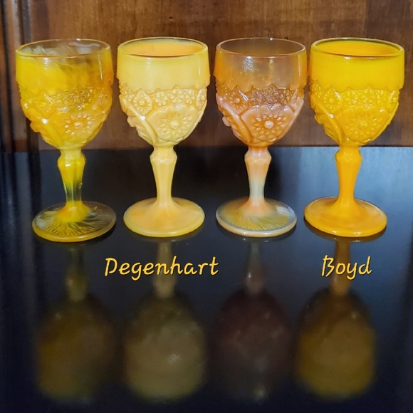 (4) Vntg "Buzz Saw" Glowing Orange Selenium Goblets by both Degenhart & Boyd - Picture 5 of 16